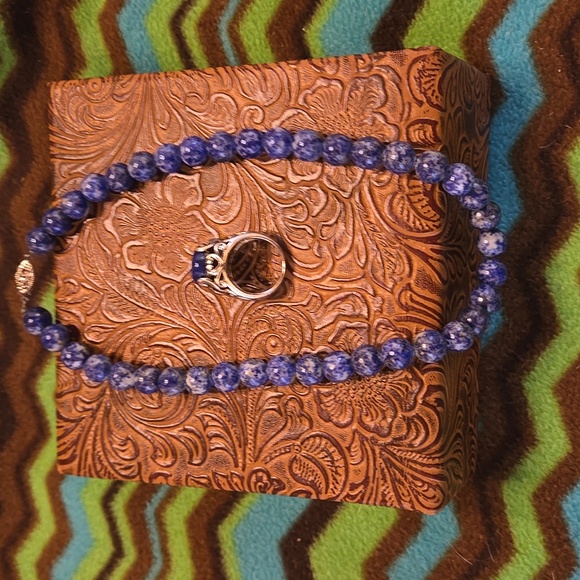 Lapis lazuli look natural stone blue bead necklace and Embellished Silver Ring - Picture 2 of 10